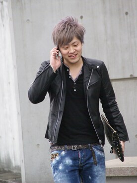 「SHELLAC（シェラック）のアイテム（ライダースジャケット）」を使った、holidaycottageさん（メンズ・178cm）の春コーディネート