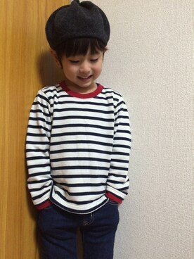「インディゴデニム」｜「アイテム（ハンチング/ベレー帽）」を使った、matyuさん（キッズ・110cm）の冬コーディネート