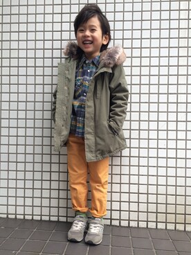 「ネルシャツ」｜「アイテム（モッズコート）」を使った、matyuさん（キッズ・110cm）の冬コーディネート