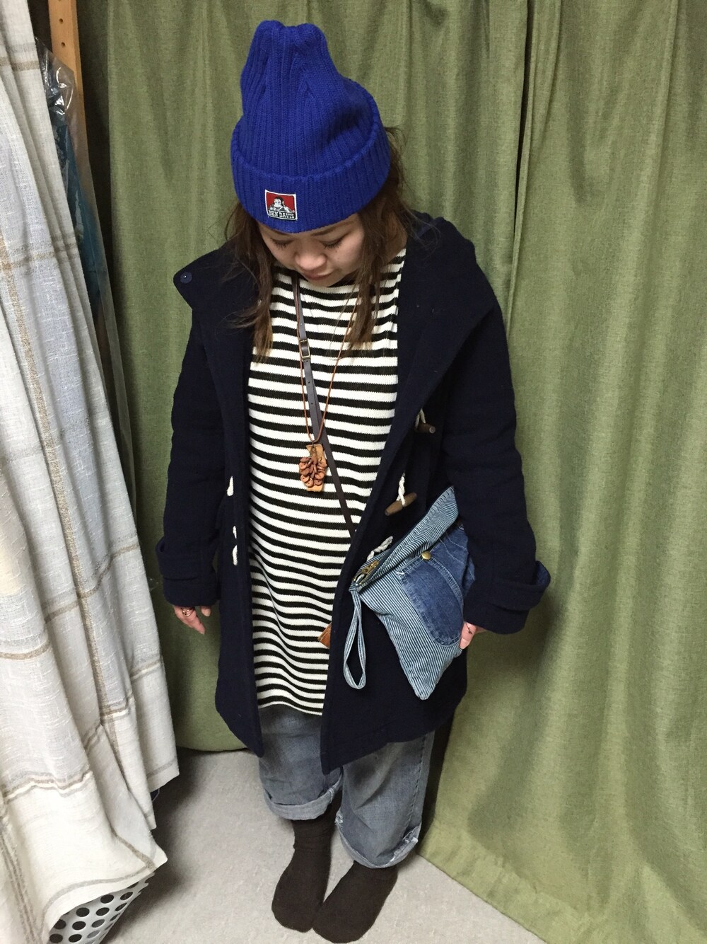 「三つ編み、ニット帽、メガネかけてない、ボーダー女子」｜「Design Tshirts Store graniphのアイテム（チュニック、ホワイト系）」を使った、chiharu29さん（レディース・157cm）の冬コーディネートの1枚目の写真