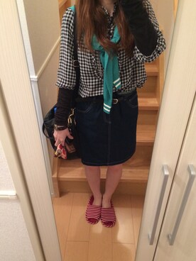「Chico（チコ）のﾃﾞﾆﾑﾍﾞﾙﾄ付SK（デニムスカート、ブルー系）」を使った、まちこさん（レディース・161cm）の春コーディネート