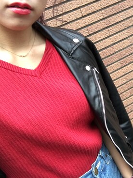 「red」｜「アイテム（ライダースジャケット）」を使った、しんどぅーさん（レディース・153cm）の春コーディネート