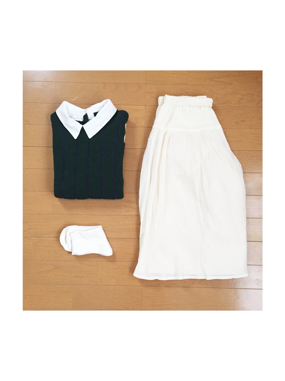 「ガウチョパンツ、ベスト、ベスト×シャツ、w closet、適当、手抜き、センスが来い、ラクチンコーデ」｜「w closetのフェイクレイヤーストライプ編みニットベスト（トップス、ブルー系）」を使った、ayameさん（レディース・152cm）の春コーディネートの1枚目の写真
