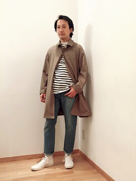 「orslow」｜「アイテム（ステンカラーコート）」を使った、大宮ルミネ店 スタッフさん（メンズ・170cm）の春コーディネート