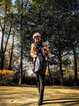 「アイテム（アクセサリー、パープル系）」を使った、Uuさん（レディース・158cm）の冬コーディネート