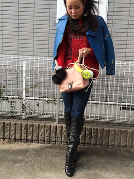 「スパンコール」｜「アイテム（ライダースジャケット）」を使った、Uuさん（レディース・158cm）の冬コーディネート