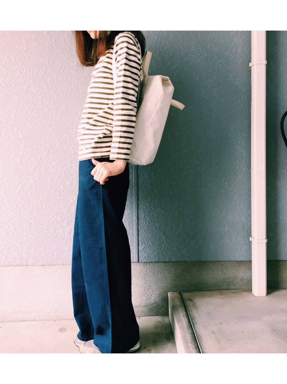 「大人カジュアル、ootd、雨の日コーデ、デニム、orcival、GU、FREITAG、白リュック、ワイドパンツ、ボーダートップス」｜「ORCIVALのアイテム（Tシャツ/カットソー、その他）」を使った、manureさん（レディース・163cm）の夏コーディネートの1枚目の写真