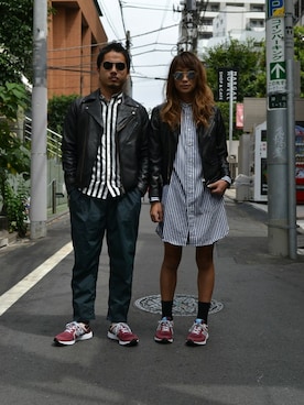 「ワンピース×スニーカー」｜「アイテム（ライダースジャケット）」を使った、OHMIYAさん（メンズ・166cm）の夏コーディネート