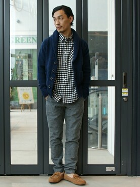「BAYFLOW(BAYFLOW)」｜「アイテム（モカシン/デッキシューズ）」を使った、BF　HONMAさん（メンズ・172cm）の冬コーディネート