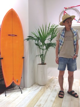 「越谷レイクタウン」｜「アイテム（帽子）」を使った、BF　HONMAさん（メンズ・172cm）の夏コーディネート