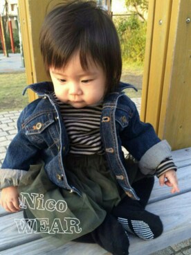 「COMME CA DU MODE（コムサデモード）のアイテム（デニムジャケット）」を使った、Nico◡̈♥︎さん（キッズ・60cm）の秋コーディネート
