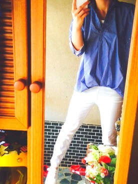 「しまむら（シマムラ）のアイテム（Shirts、ブルー系）」を使った、nishiyamaさん（レディース・155cm）の春コーディネート