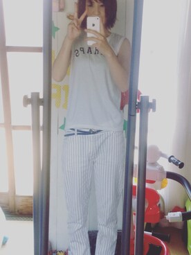 「しまむら（シマムラ）のアイテム（Pants、ホワイト系）」を使った、nishiyamaさん（レディース・155cm）の夏コーディネート