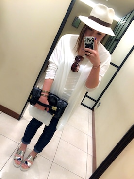 「AZUL by moussy（アズールバイマウジー）のPE混ブレード同色リボンつば広HAT（ハット、ホワイト系）」を使った、YUKI さん（レディース・165cm）の夏コーディネート