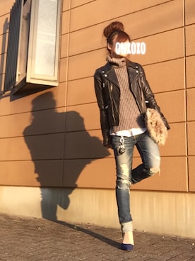 「ノースリーブニット」｜「アイテム（ライダースジャケット）」を使った、Atsukoさん（レディース・152cm）の秋コーディネート