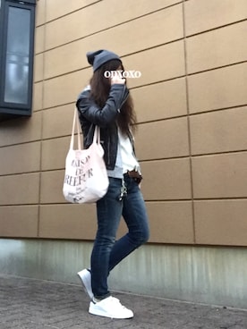 「エコバッグ」｜「アイテム（ライダースジャケット）」を使った、Atsukoさん（レディース・152cm）の冬コーディネート