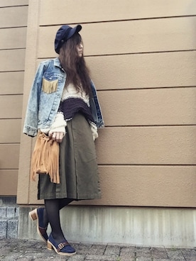 「ゆるニット」｜「アイテム（デニムジャケット）」を使った、Atsukoさん（レディース・152cm）の春コーディネート