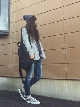 「Ungrid（アングリッド）のインディゴフレイドヘムストスリ（デニムパンツ）」を使った、Atsukoさん（レディース・152cm）の春コーディネート