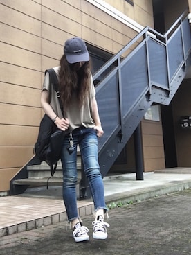 「Ungrid（アングリッド）のインディゴフレイドヘムストスリ（デニムパンツ）」を使った、Atsukoさん（レディース・152cm）の夏コーディネート