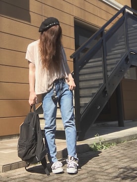 「Tシャツ×デニム」｜「アイテム（ハンチング/ベレー帽）」を使った、Atsukoさん（レディース・152cm）の夏コーディネート