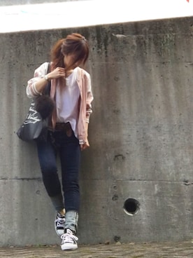 「Tシャツ×デニム」｜「アイテム（ブルゾン）」を使った、Atsukoさん（レディース・152cm）の秋コーディネート