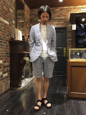 「NANO universe（ナノユニバース）のアイテム（サンダル）」を使った、窪田 孝之さん（メンズ・170cm）の夏コーディネート