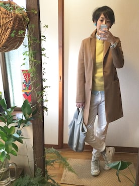 「ダンガリーシャツ」｜「アイテム（チェスターコート）」を使った、もこさん（レディース・165cm）の冬コーディネート