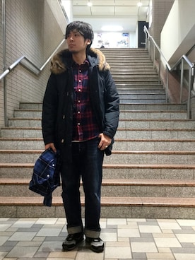 「アイテム（ダウンジャケット/コート、ブルー系）」を使った、SHIGEさん（メンズ・175cm）の冬コーディネート