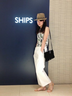 「SHIPS for women（シップスフォーウィメン）のUSA　リボンハット（ハット、ブラウン系）」を使った、天坂さん（レディース・167cm）の春コーディネート