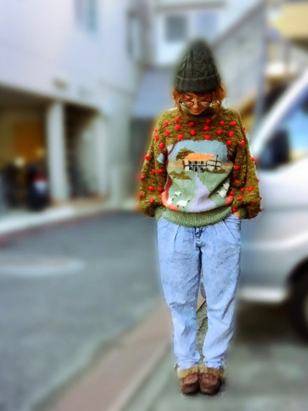 「古着、古着MIX、used、レトロ、ニット、ダサい、セーター、ひつじ、りんご、めがね」｜「古着のアイテム（ニット/セーター、グリーン系）」を使った、アクロン🚛🎶さん（レディース・163cm）の秋コーディネートの1枚目の写真