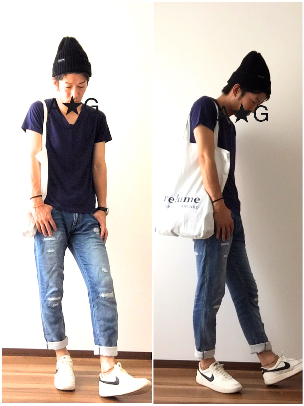 ブルー系のTシャツ/カットソー、ホワイト系のトートバッグ、ブルー系のデニムパンツを着用したメンズの夏コーディネートの1枚目の写真