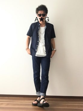 「AZUL by moussy（アズールバイマウジー）のアイテム（サンダル）」を使った、A☆Gさん（メンズ・176cm）の夏コーディネート