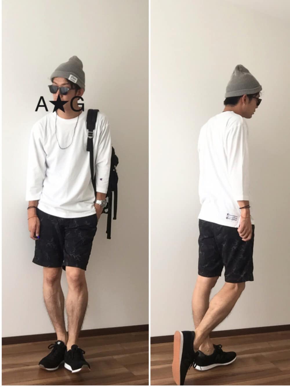 ホワイト系のTシャツ/カットソー、ブラック系のバックパック/リュック、ブルー系のその他パンツを着用したメンズの秋コーディネートの1枚目の写真