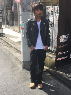 「ペイント」｜「アイテム（ライダースジャケット）」を使った、MUさん（メンズ・187cm）の秋コーディネート