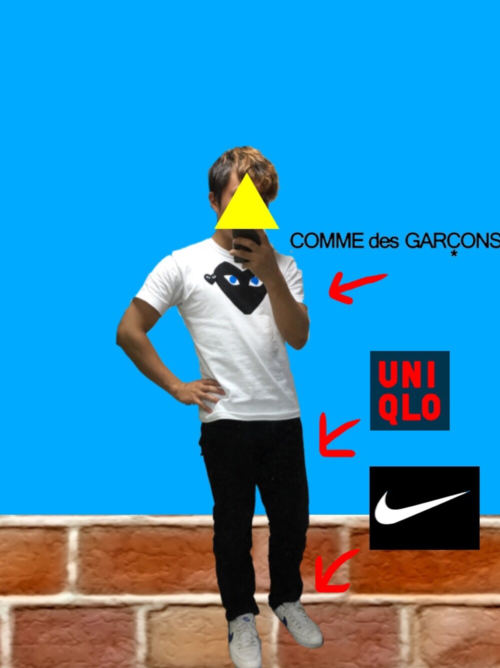 「PLAY comme des garcons、UNIQLO、NIKE、夏コーデ、シンプル、Tシャツ」｜「PLAY COMME des GARCONSのアイテム（Tシャツ/カットソー、ホワイト系）」を使った、Hideyuki!さん（メンズ・166cm）の夏コーディネートの1枚目の写真