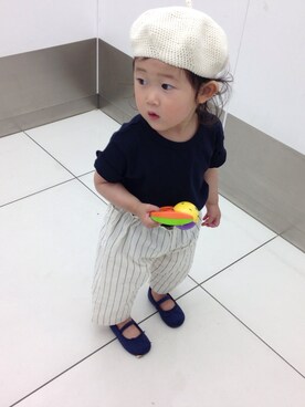 「無印良品（ムジルシリョウヒン）のアイテム（Tシャツ/カットソー、ブルー系）」を使った、shiiさん（キッズ・120cm）の夏コーディネート
