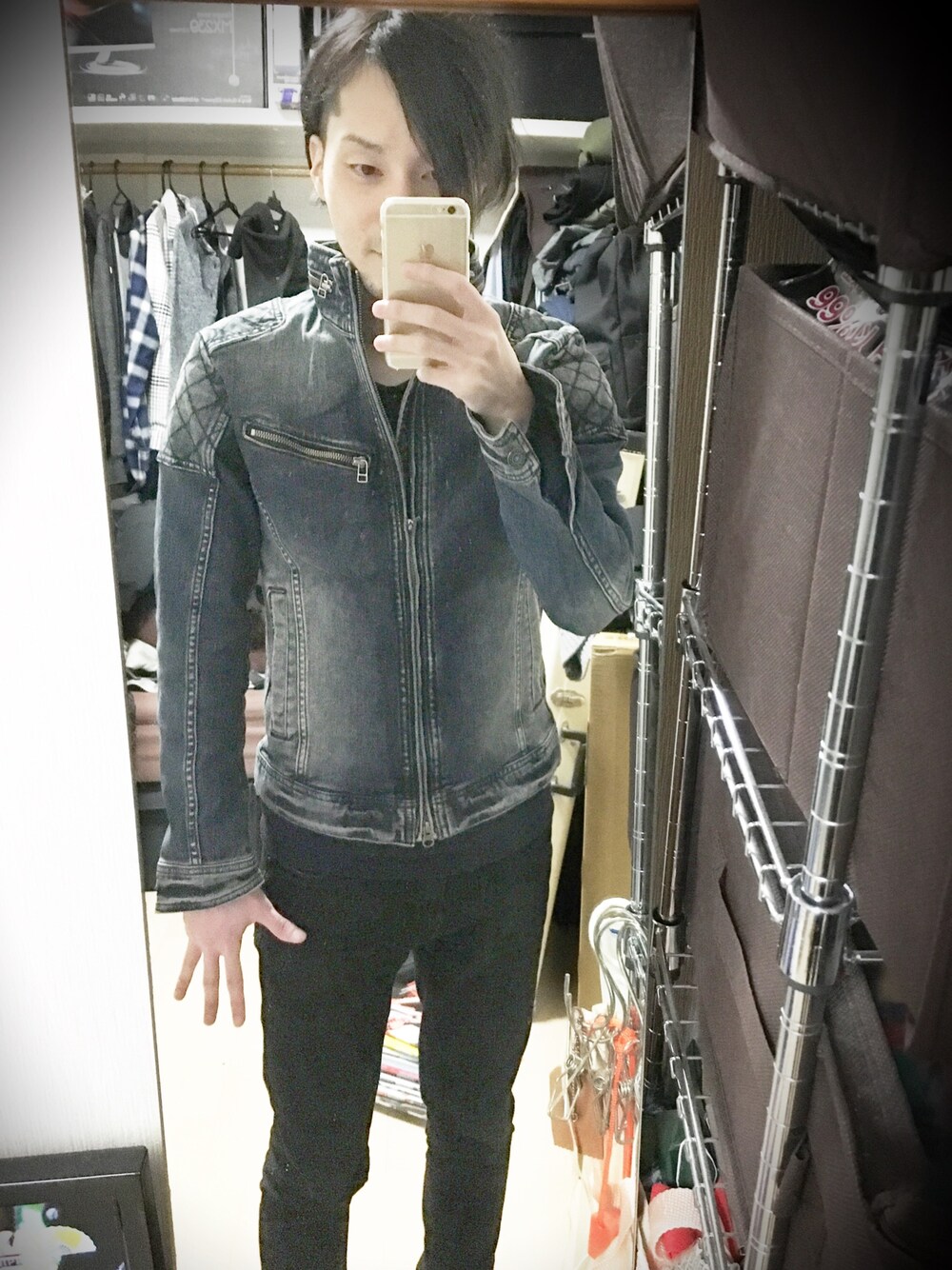 「Lyricのデニムライダースジャケット（ライダースジャケット、ブルー系）」を使った、nullさん（メンズ・167cm）の冬コーディネートの1枚目の写真