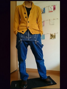 「ショールカラー」｜「アイテム（サロペット/オーバーオール）」を使った、ハマカズさん（メンズ・180cm）の冬コーディネート