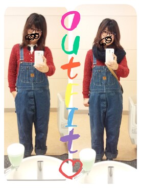 「赤いカーディガン」｜「アイテム（つなぎ/オールインワン）」を使った、かなもさん（レディース・163cm）の秋コーディネート