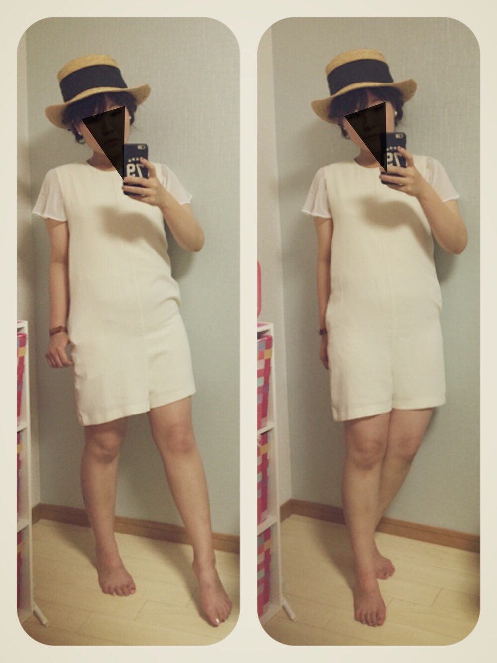 ホワイト系のサロペット/オーバーオール、ホワイト系のTシャツ/カットソー、ベージュ系のハットを着用したレディースの夏コーディネートの1枚目の写真