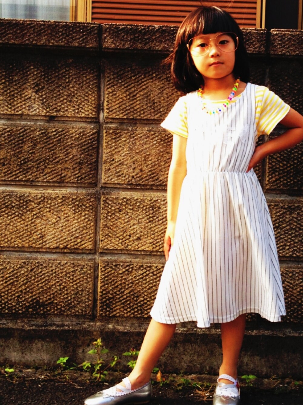 「no brandのアイテム（メガネ、ホワイト系）」を使った、Kariさん（キッズ・110cm）の夏コーディネートの1枚目の写真