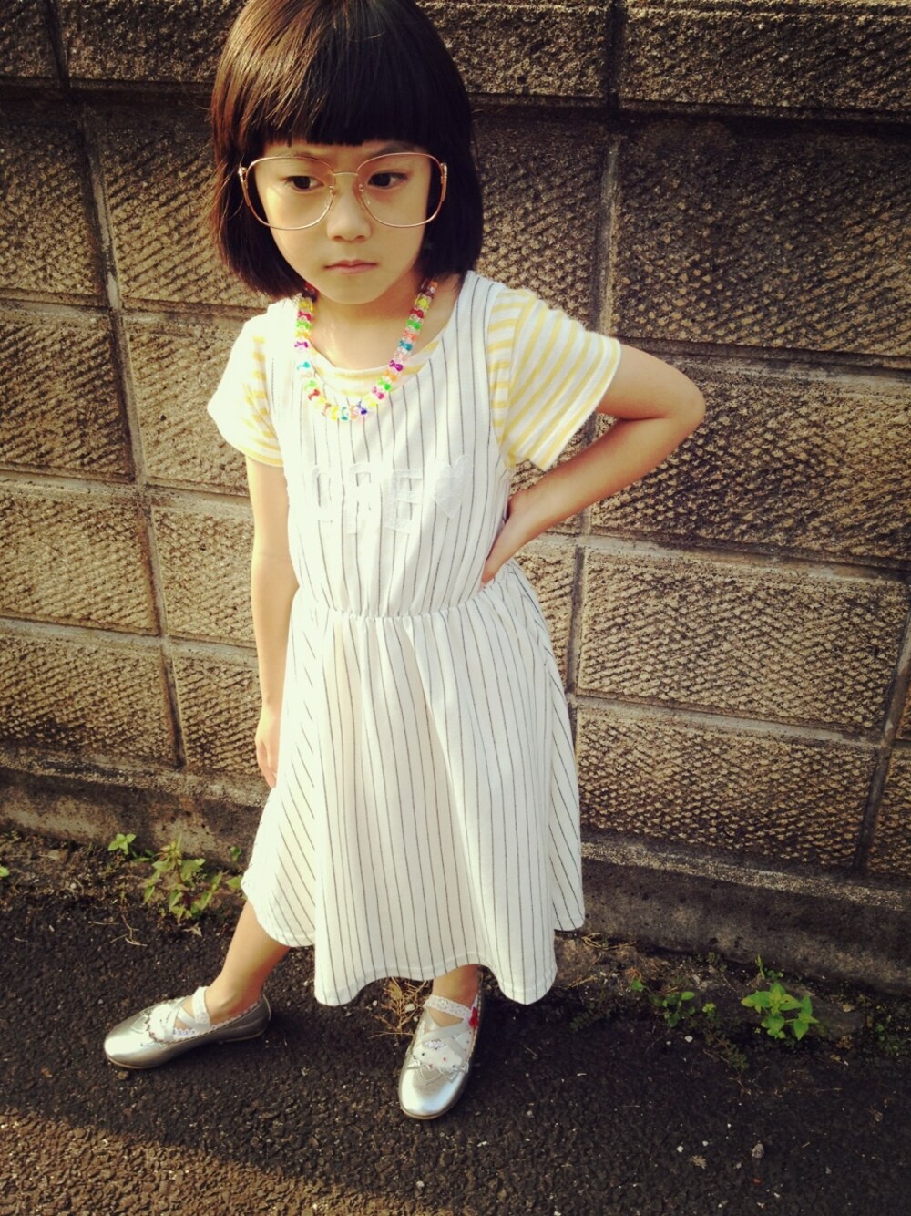 「no brandのアイテム（メガネ、ホワイト系）」を使った、Kariさん（キッズ・110cm）の夏コーディネートの1枚目の写真