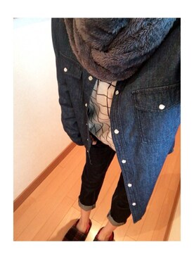 「earth music&ecology（アースミュージックアンドエコロジー）のアイテム（Knitwear、ホワイト系）」を使った、Yui.さん（レディース・153cm）の冬コーディネート