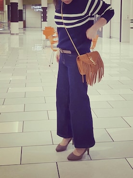 「GU（ジーユー）のアイテム（ニット/セーター、ブルー系）」を使った、MAYUMI YOKOTAさん（レディース・160cm）の春コーディネート