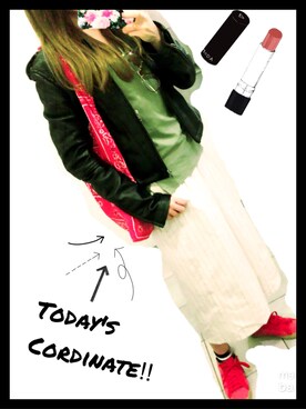 「エコバッグ」｜「アイテム（ライダースジャケット）」を使った、福本 真唯さん（レディース・160cm）の春コーディネート