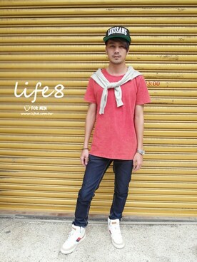 「Life8（ライフエイト）のアイテム（ノーカラージャケット）」を使った、life8さん（メンズ・180cm）の夏コーディネート