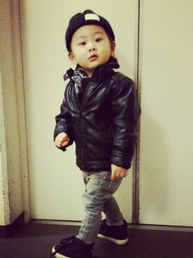 「ZARA KIDS」｜「アイテム（ライダースジャケット）」を使った、yuitoさん（キッズ・90cm）の冬コーディネート