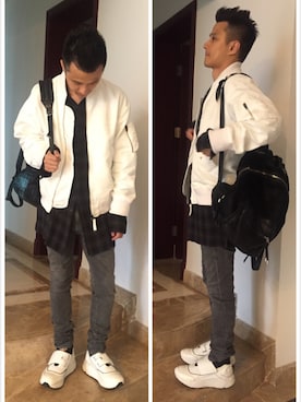 「soe（ソーイ）のアイテム（ミリタリージャケット）」を使った、J Huangさん（メンズ・173cm）の秋コーディネート