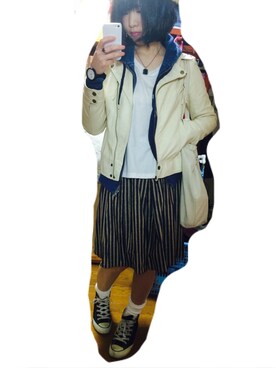 「アイテム（ライダースジャケット、ホワイト系）」を使った、きのこさん（レディース・157cm）の秋コーディネート