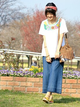 「フリンジ」｜「アイテム（チュニック）」を使った、ZAKIさん（レディース・156cm）の春コーディネート